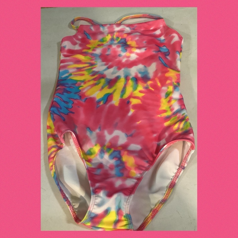 Little girl, psychedelic one piece swimsuit.